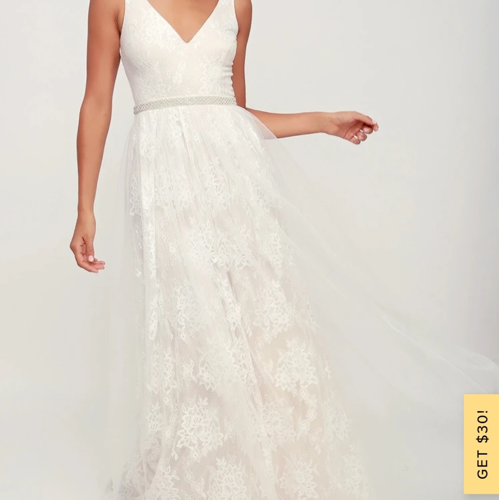 Wedding Dress: Sweet Love Ivory Lace Beaded Maxi from Lulu's